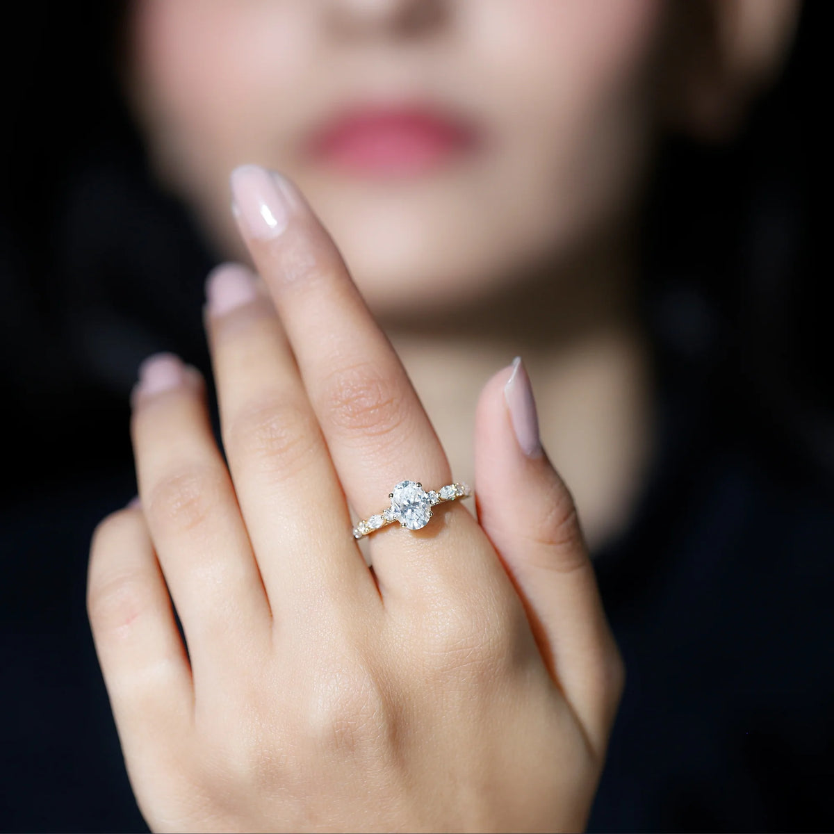 14K Yellow Gold Oval Moissanite Engagement Ring with Side Stones E99782