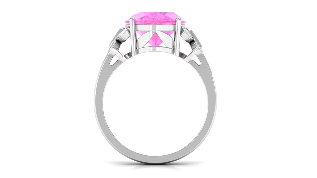 Oval Created Pink Sapphire Solitaire Ring with Diamond, 10X14 mm, 925 Sterling Silver, US 4.00 N695