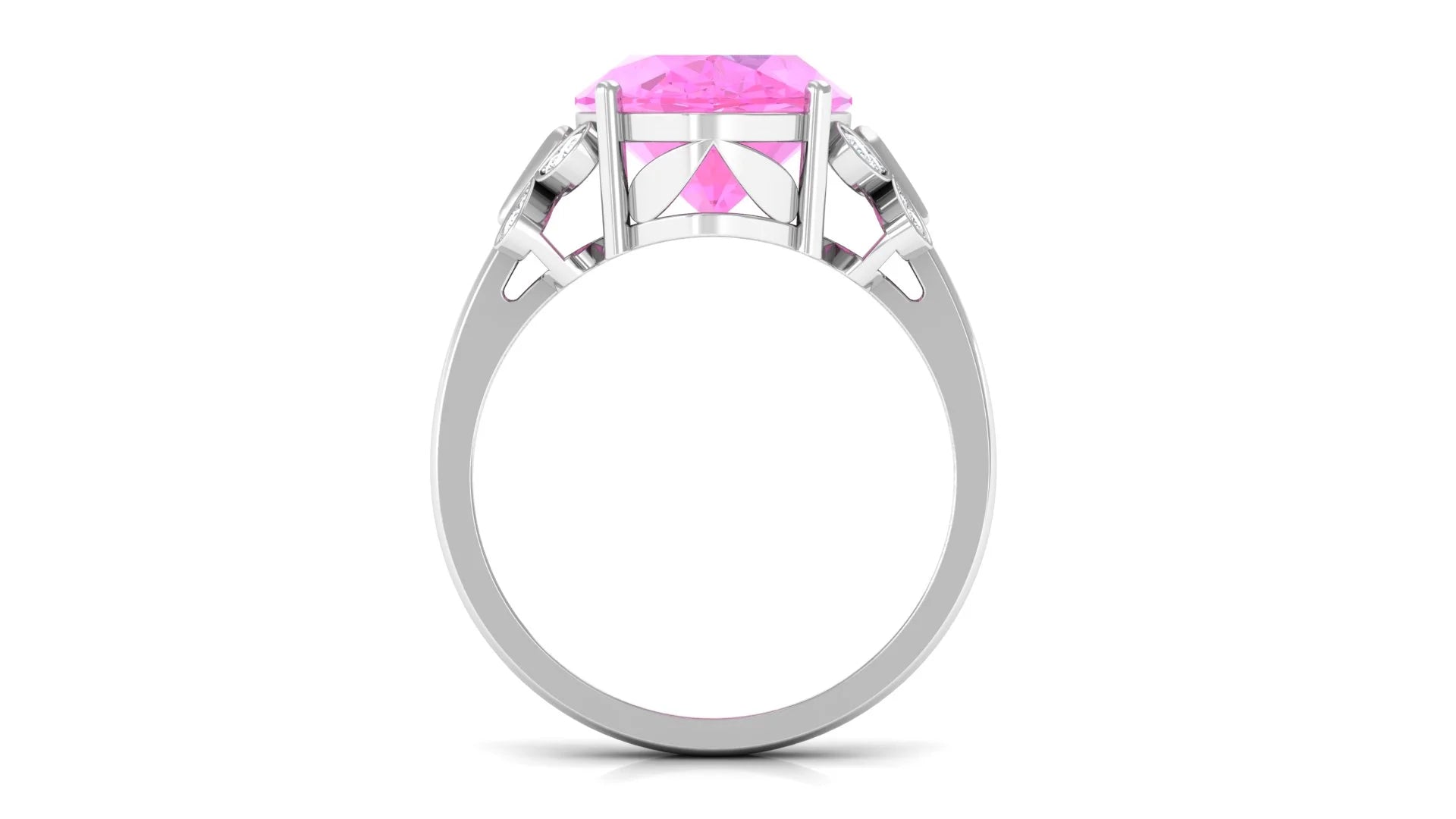 Oval Created Pink Sapphire Solitaire Ring with Diamond, 10X14 mm, 925 Sterling Silver, US 4.00 N695