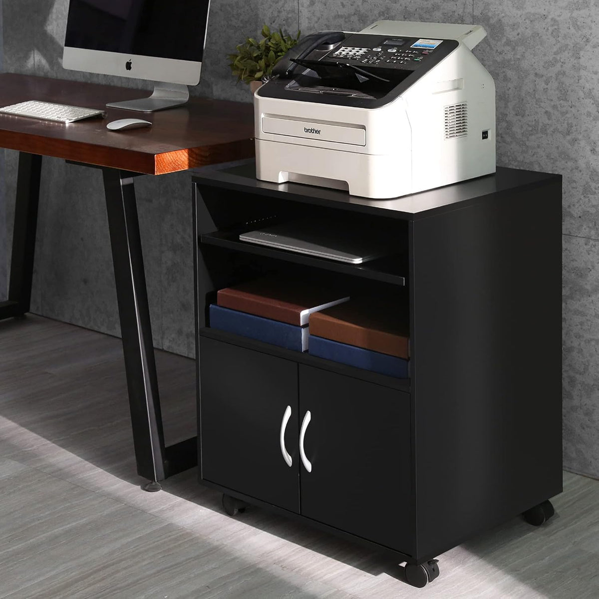 Black Mobile File Cabinet with Keyboard Tray and Doors on Wheels I783439
