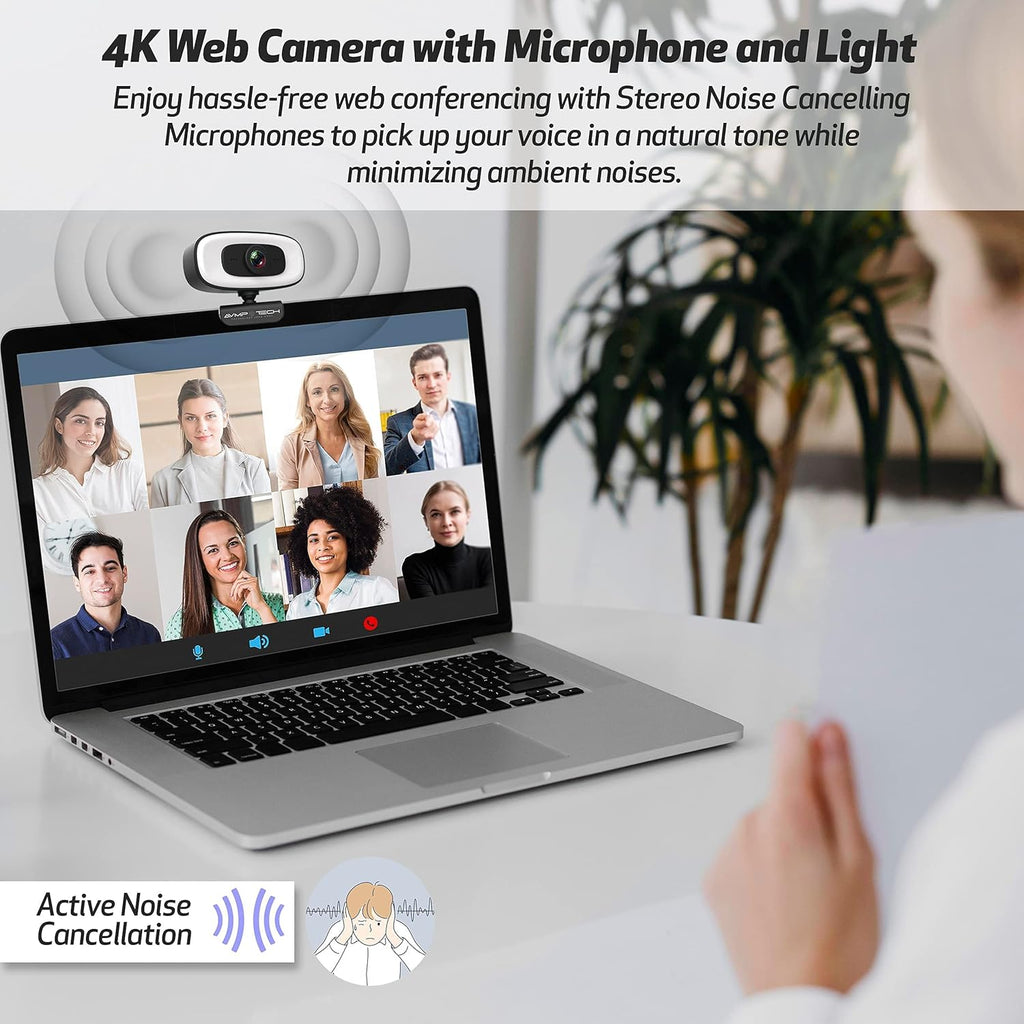 4K Webcam with Ring Light Ultra HD 8MP Autofocus USB Web Cam Stereo Microphone C334645