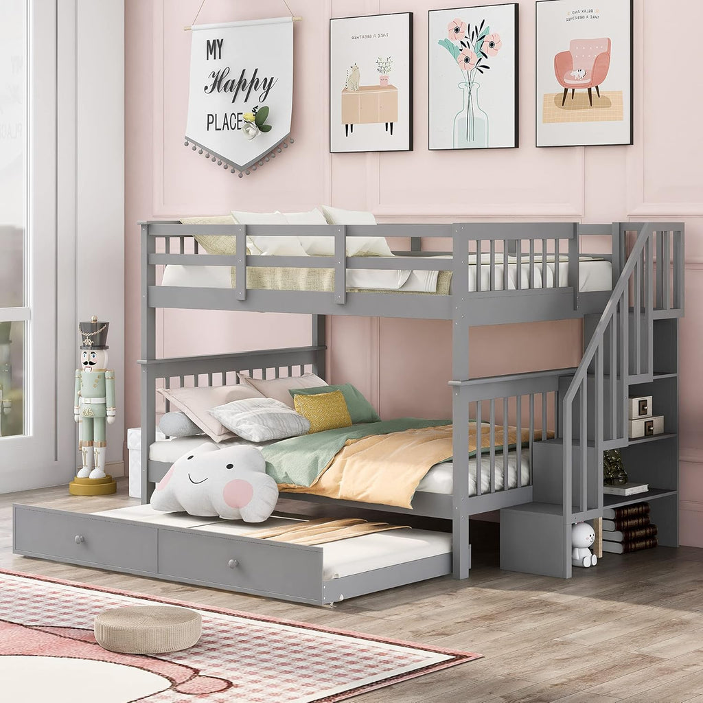 Twin Over Full Bunk Bed with 4 Storage and Staircase L8560