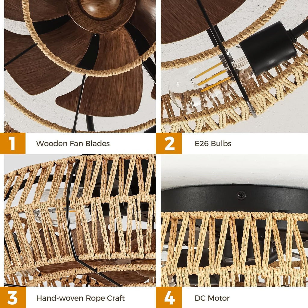 20 Inch Flush Mount Rattan Ceiling Fan with Light and Remote L351288