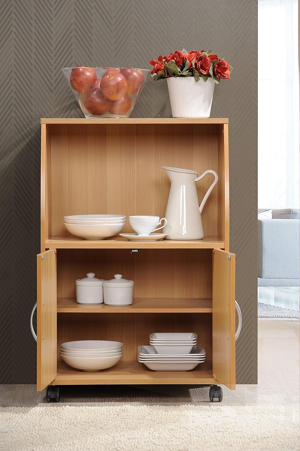 Beech Microwave Cart with Two Doors and Shelf J83658