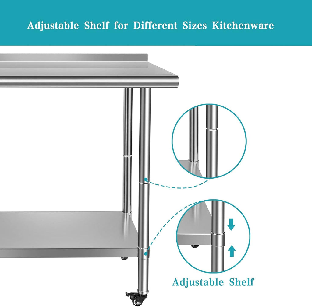 Stainless Steel Work Table with Casters, Backsplash, Adjustable Undershelf F609