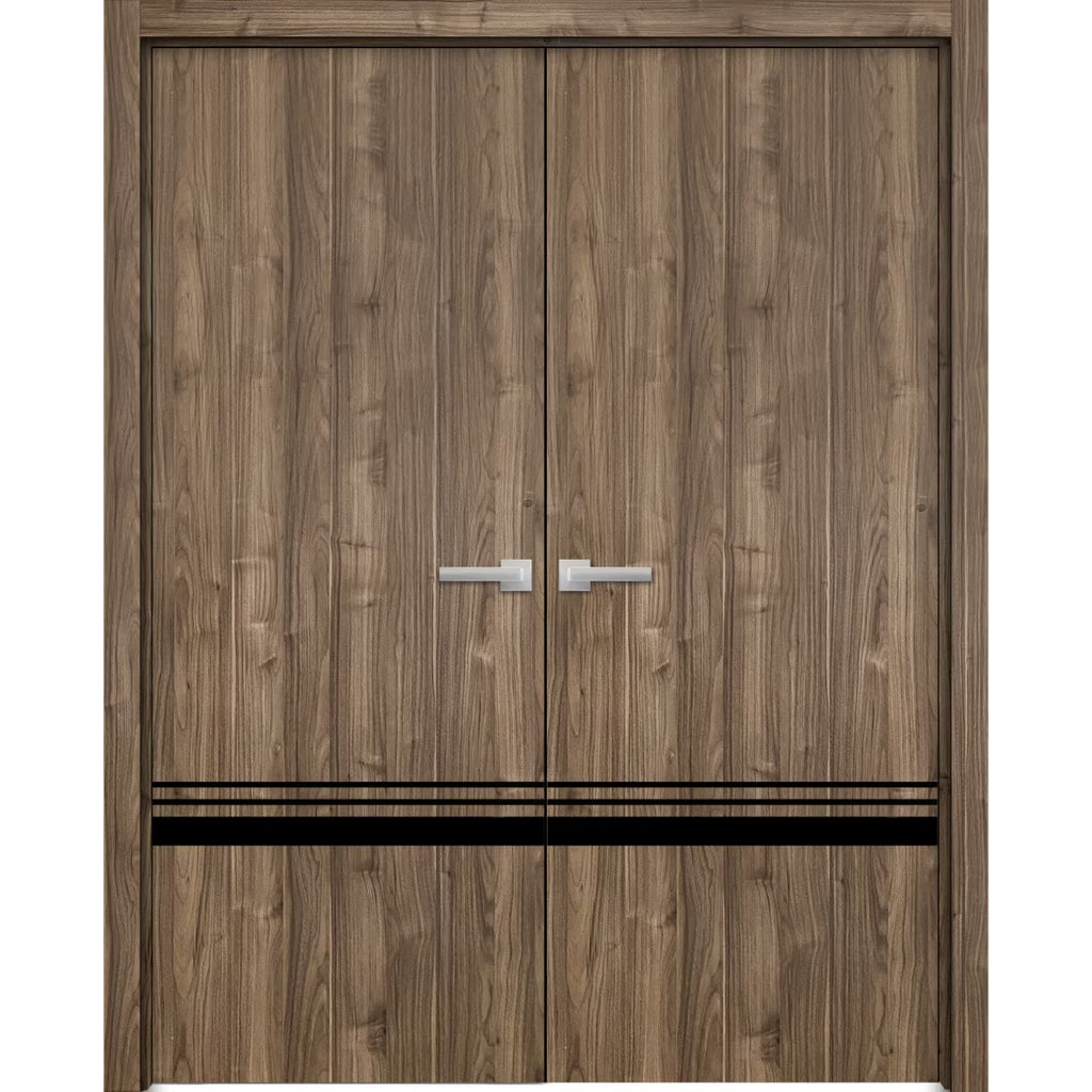 Solid French Double Doors 72 x 84 inches Walnut with Frosted Glass Wood Solid Panel Frame Trims Closet Bedroom Sturdy Doors R822