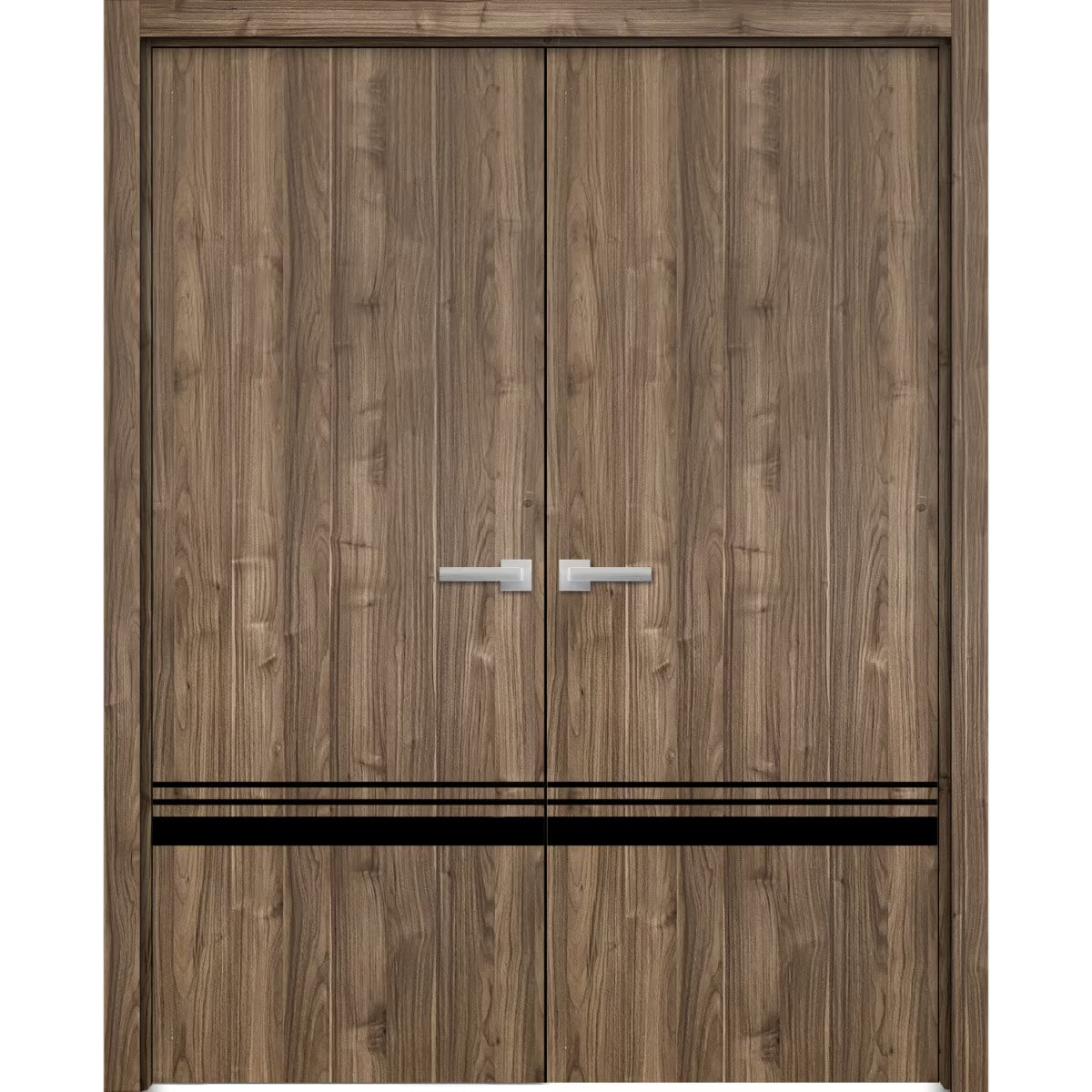 Solid French Double Doors 72 x 84 inches Walnut with Frosted Glass Wood Solid Panel Frame Trims Closet Bedroom Sturdy Doors R822