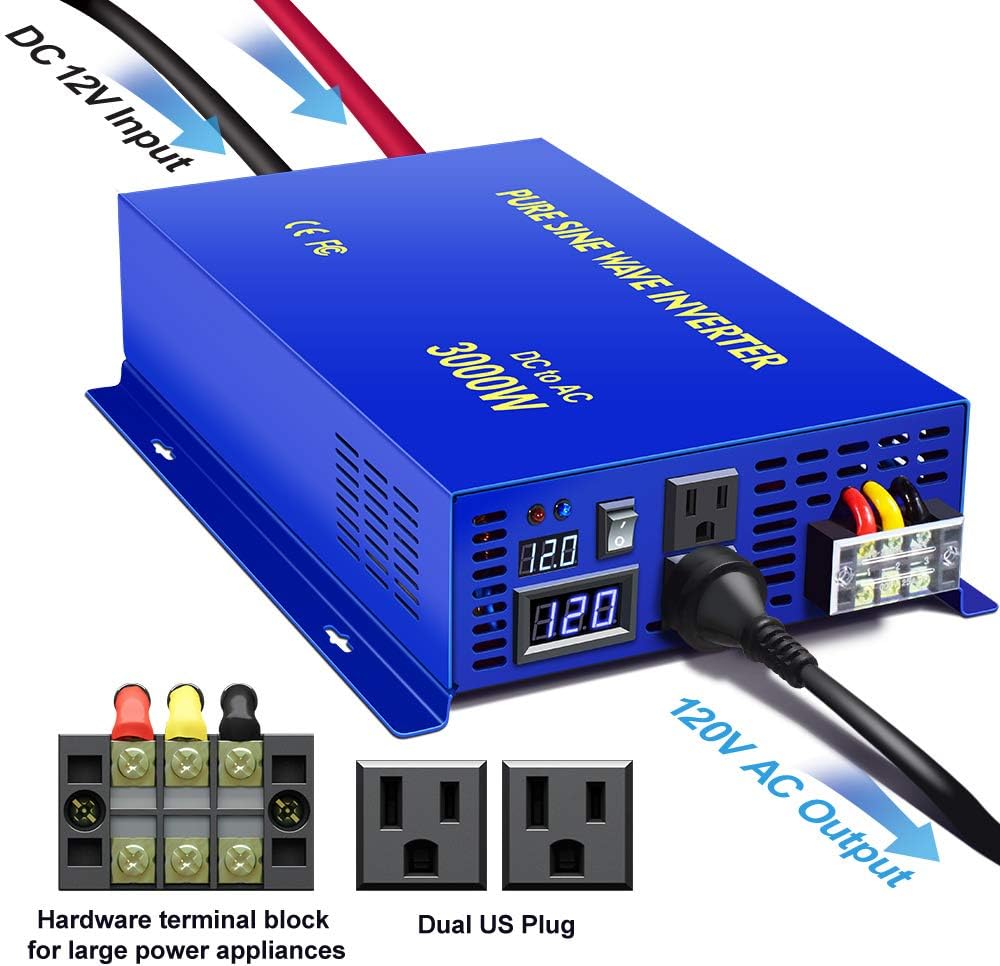 3000W Pure Sine Wave Power Inverter 12v to 110v 120v DC to AC with 2 USA Outlets 2 Battery Cables S791