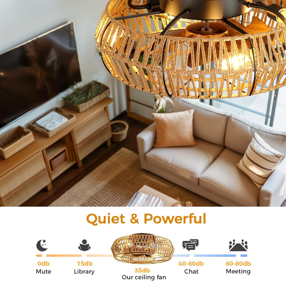 20 Inch Flush Mount Rattan Ceiling Fan with Light and Remote L351288