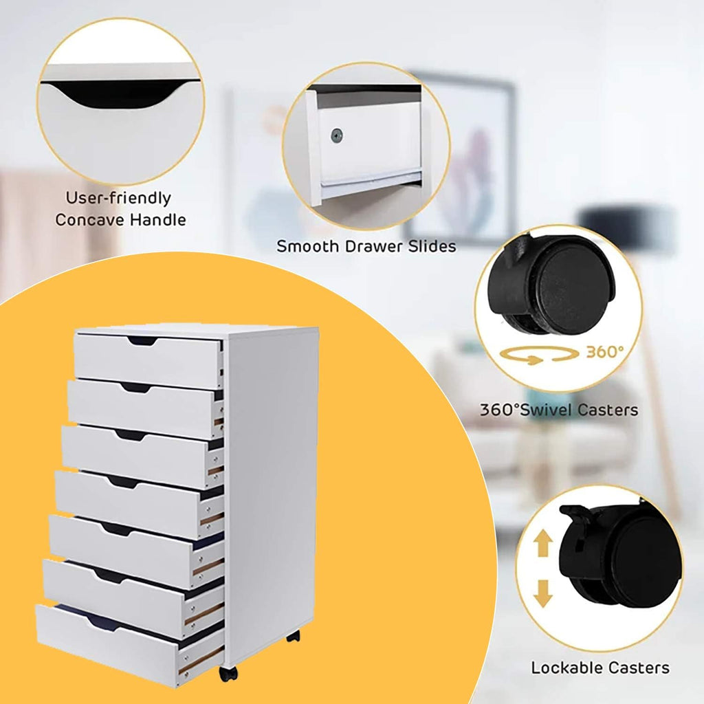 White 7 Drawer Wooden Chest Dresser with Wheels P687