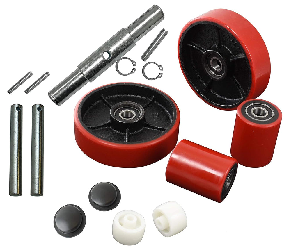 Pallet Jack Full Set Red with Axles, Steering Wheels, Front Load Roller, Entry Exit Roller and Protective Caps P9442