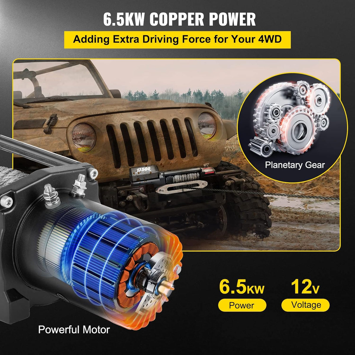 17500lb 12V Synthetic Rope Truck Winch with Wireless Remote Control L398