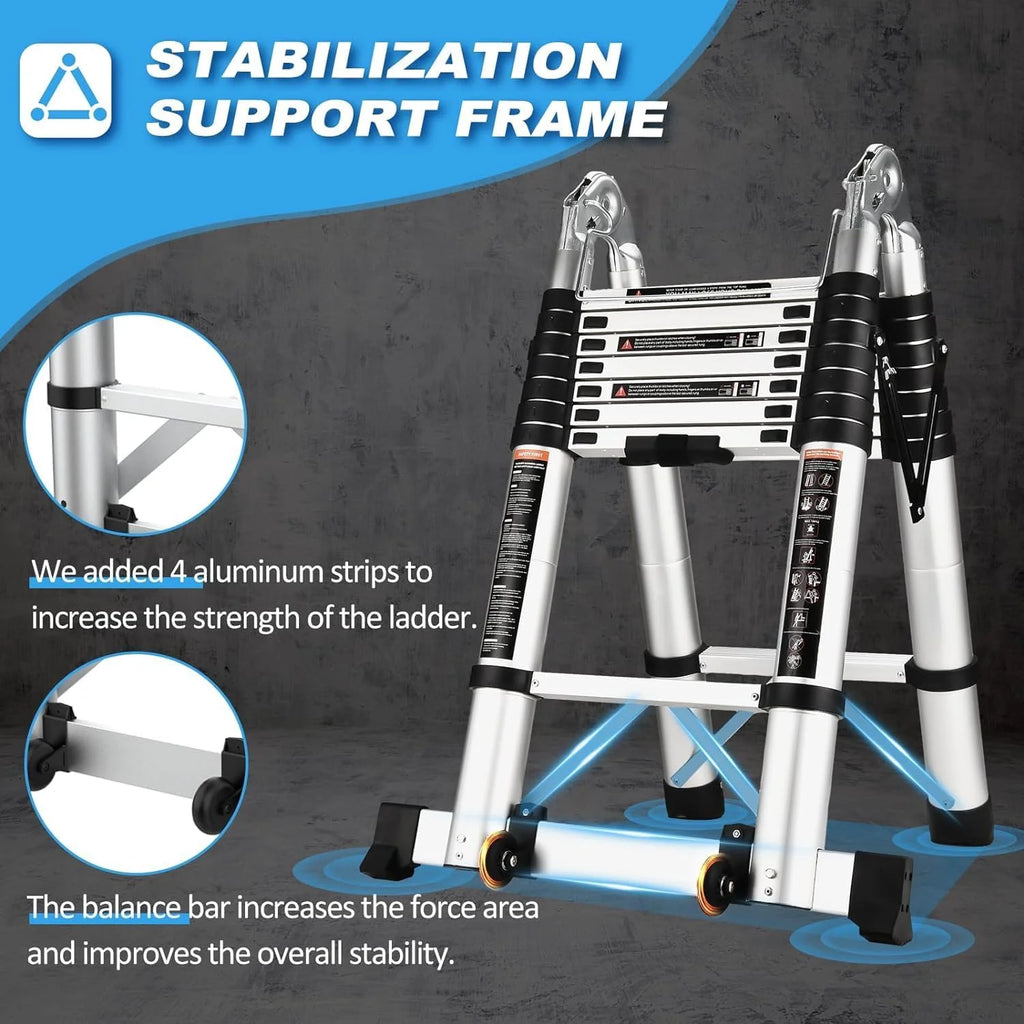 16.5 Ft Aluminum Telescoping Ladder with Wheels and Stabilizer Bar E225183
