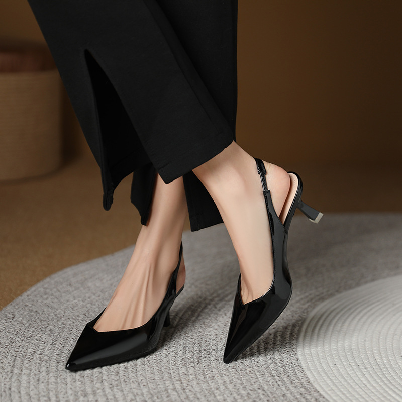 Elegant Women's Pointed-Toe Glossy Leather Slingback Sandals