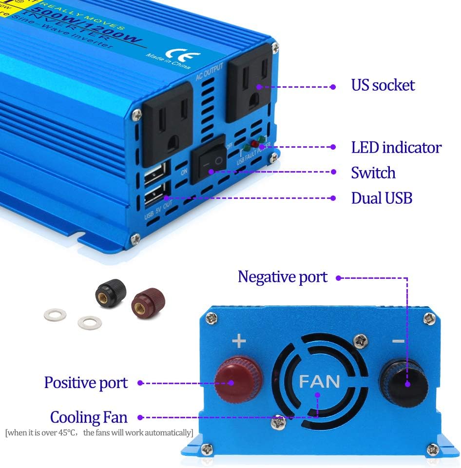 500W Pure Sine Wave Power Inverter 12V to 110V AC with USB Car Adapter Pack of 2 S946