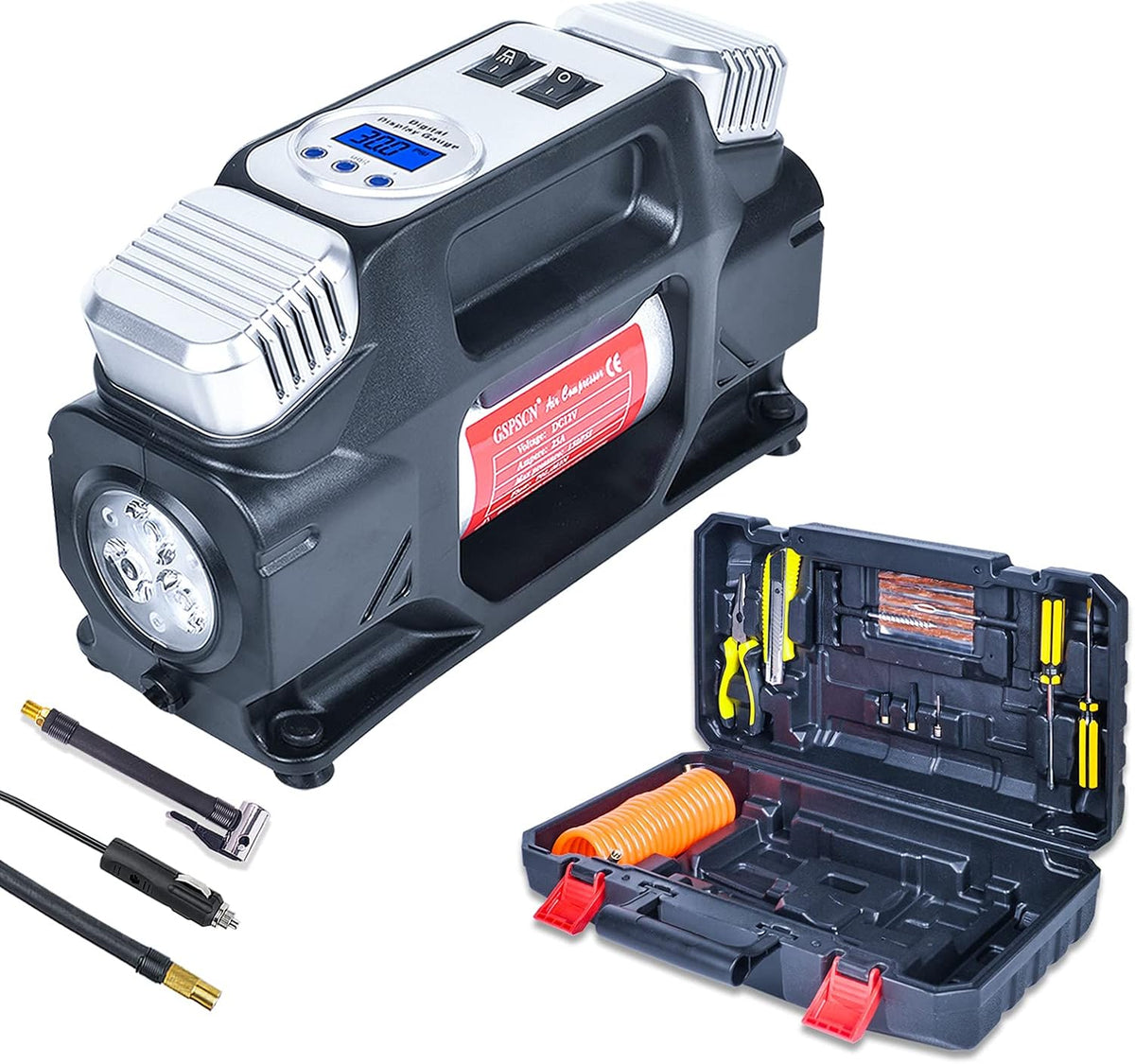 Portable Digital Tire Inflator, Dual Cylinders 12V Air Compressor Pump 150PSI with LED Light and Tire Repair Kit M1695