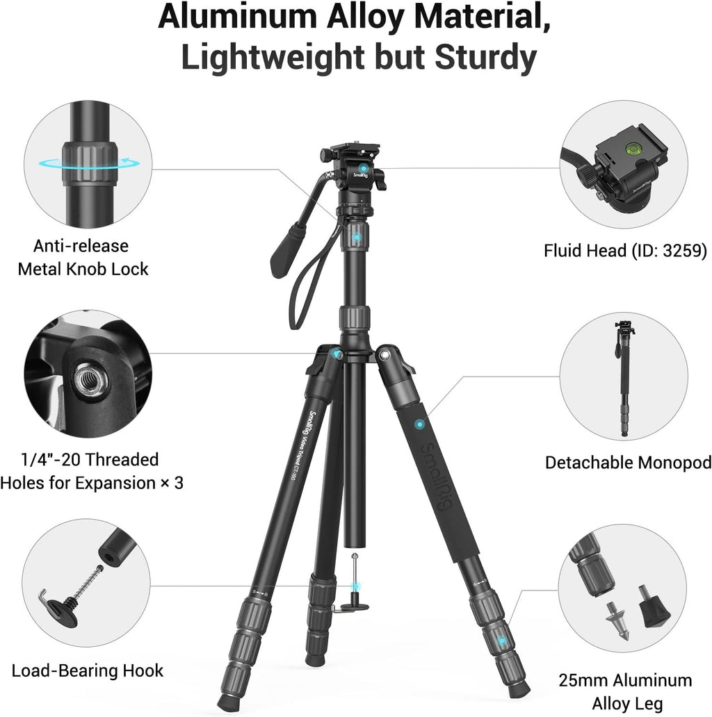 71 Video Tripod Monopod with Fluid Head, Aluminum Camera Tripod, Adjustable Height from 16.5 to 71 S5471