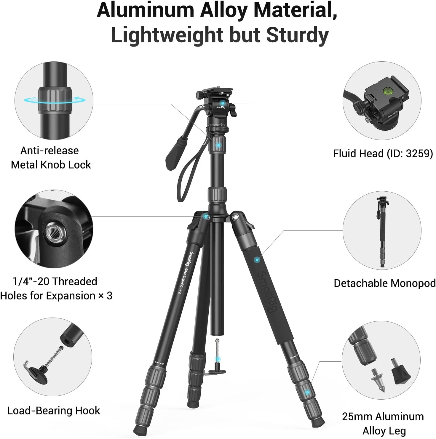 71 Video Tripod Monopod with Fluid Head, Aluminum Camera Tripod, Adjustable Height from 16.5 to 71 S5471