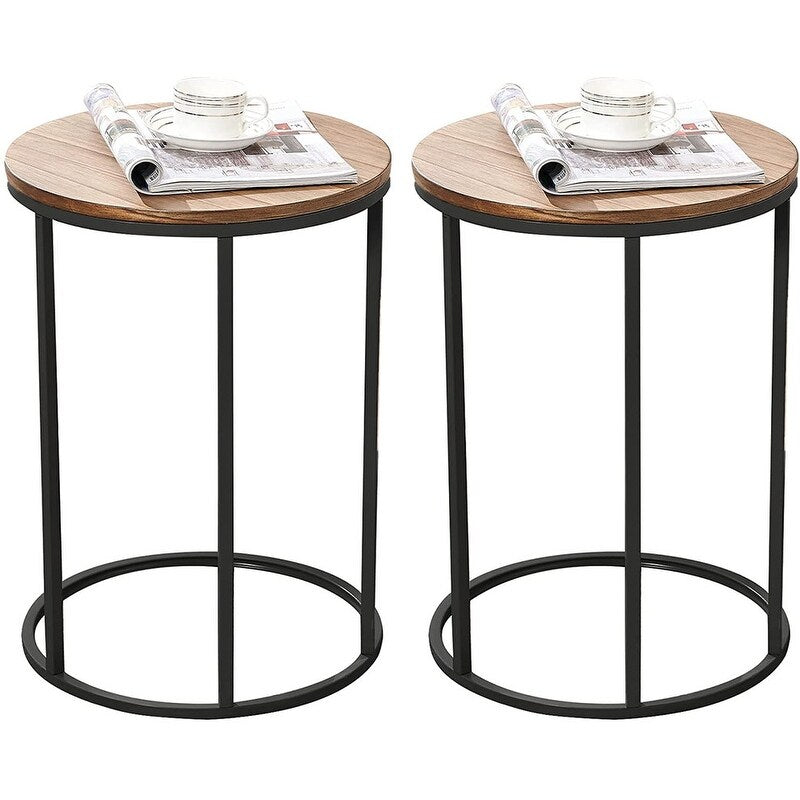 Black/Oak C-Shaped Wood Top End Table with Metal Frame, 2pc/set G91516