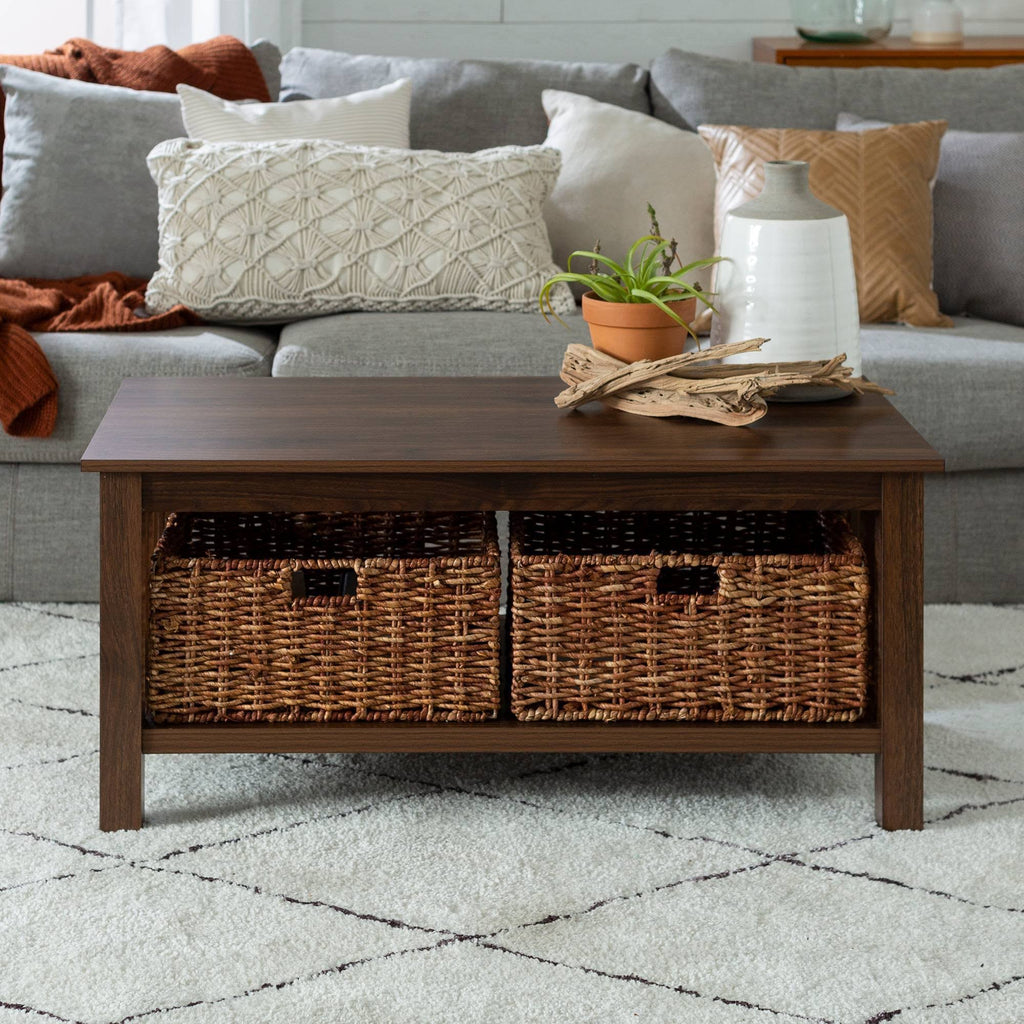 Dark Walnut Coffee Table with Woven Baskets I566