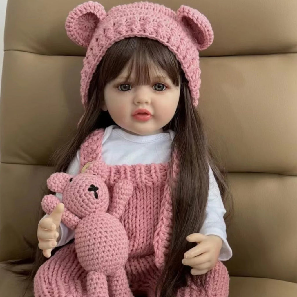 22 inch Soft Silicone Vinyl Reborn Baby Doll in Pink Knitted Clothes with Bear Toy D36535