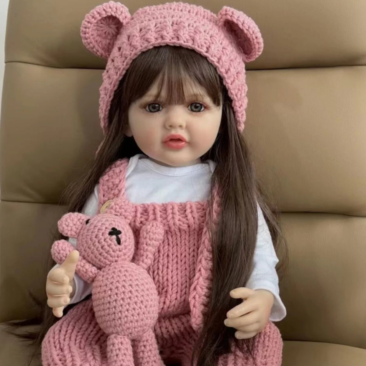 22 inch Soft Silicone Vinyl Reborn Baby Doll in Pink Knitted Clothes with Bear Toy D36535