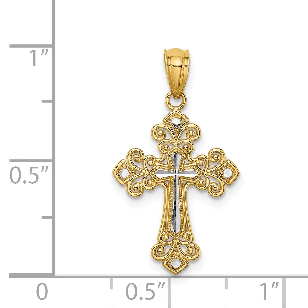 14K Two-Tone Gold Rhodium Plated Diamond Cut Cross Pendant With 14K Yellow Gold Rope Chain 20" J1287