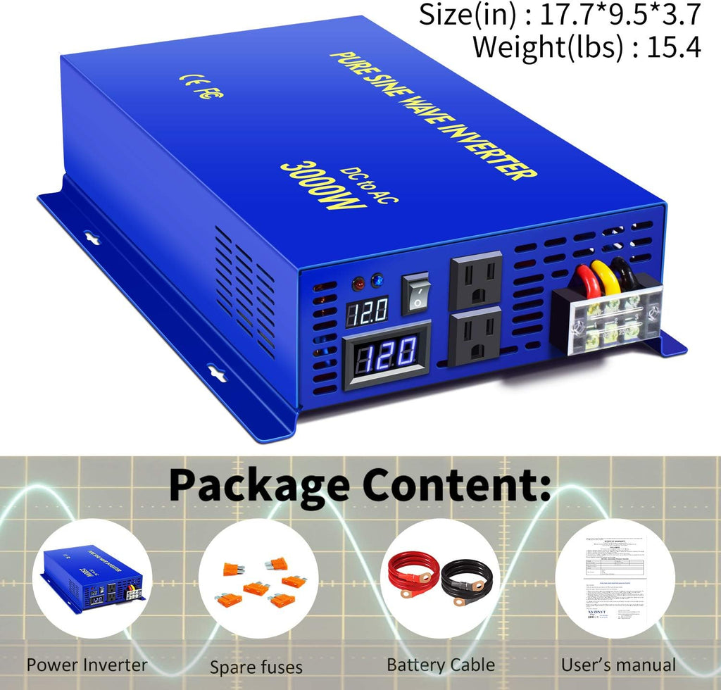 3000W Pure Sine Wave Power Inverter 12v to 110v 120v DC to AC with 2 USA Outlets 2 Battery Cables S791