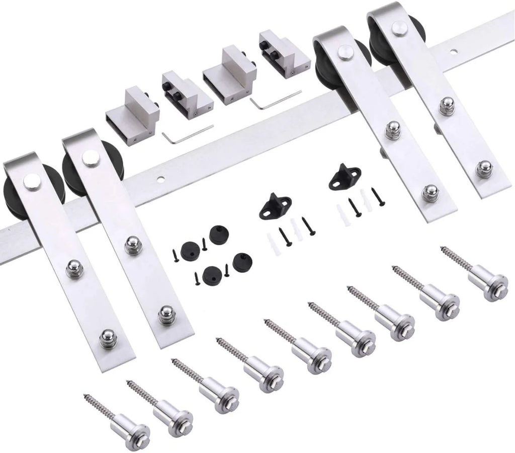 Double Barn Door 36 x 80 inches White Frosted Glass Stainless Steel Rail Hangers Solid Panel Interior Doors B7258