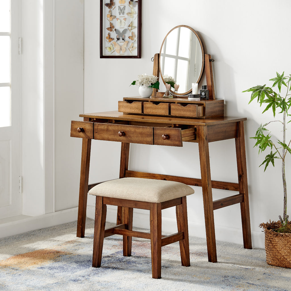 Walnut Finish Vanity Set with Bench R6743
