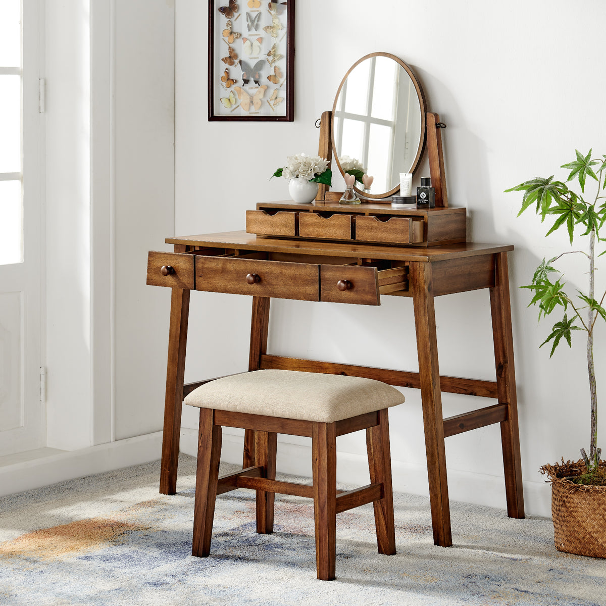 Walnut Finish Vanity Set with Bench R6743