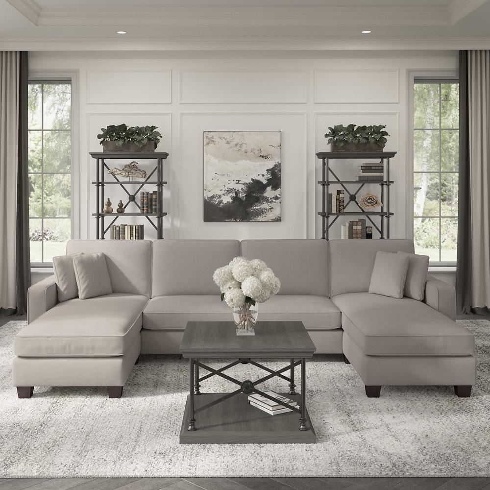 Beige Herringbone Fabric Sectional with Double Chaise F73656