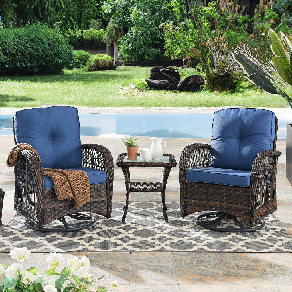 Brown Rattan Wicker 3-Piece Outdoor Swivel Glider Set with Blue Cushion P11200