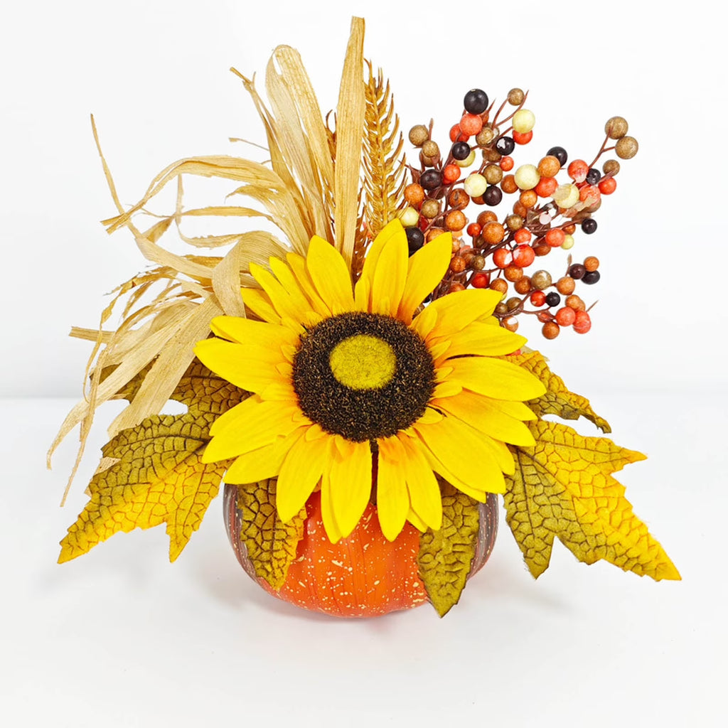 Artificial Fall Maple Flowers Silk Sunflowers Bouquets with Pumpkins Z55943