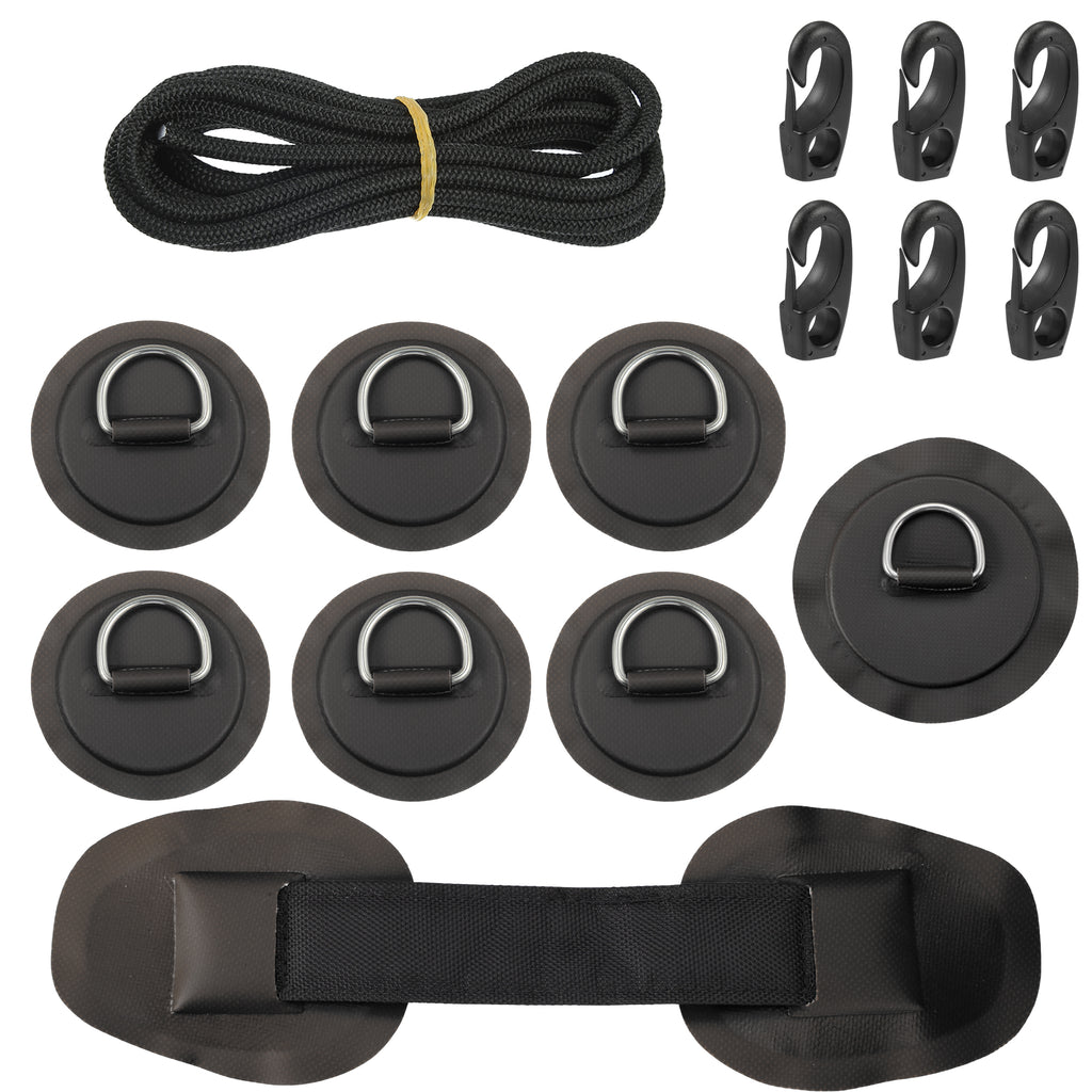 7pcs PVC Patch Round Shape D Ring 11.5ft Elastic Shock Rope with 6 Hooks Accessories for Inflatable Boat Black D936416