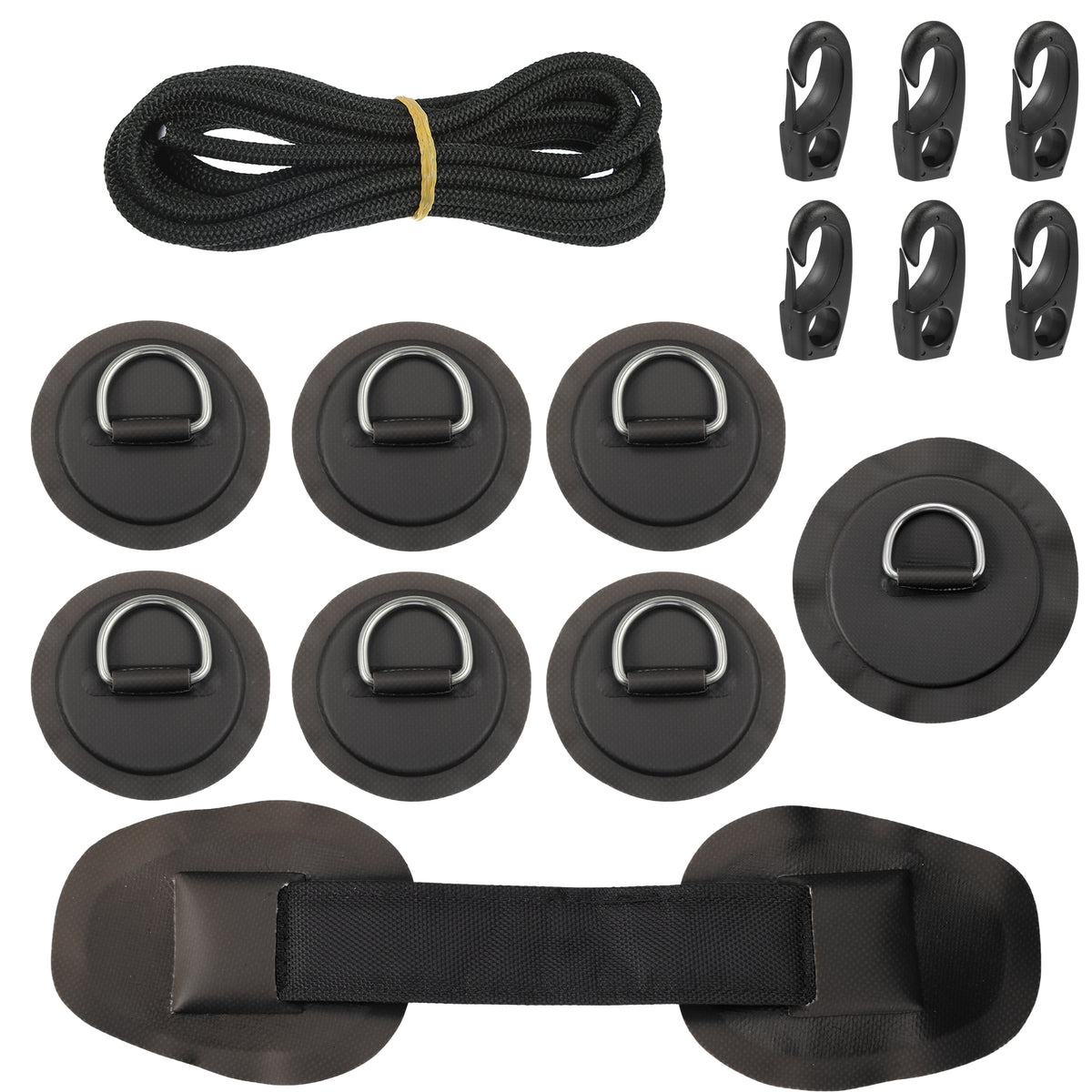 7pcs PVC Patch Round Shape D Ring 11.5ft Elastic Shock Rope with 6 Hooks Accessories for Inflatable Boat Black D936416