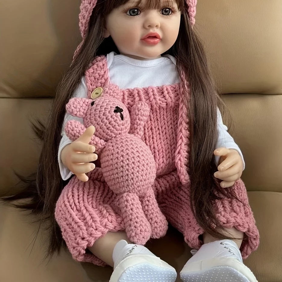 22 inch Soft Silicone Vinyl Reborn Baby Doll in Pink Knitted Clothes with Bear Toy D36535