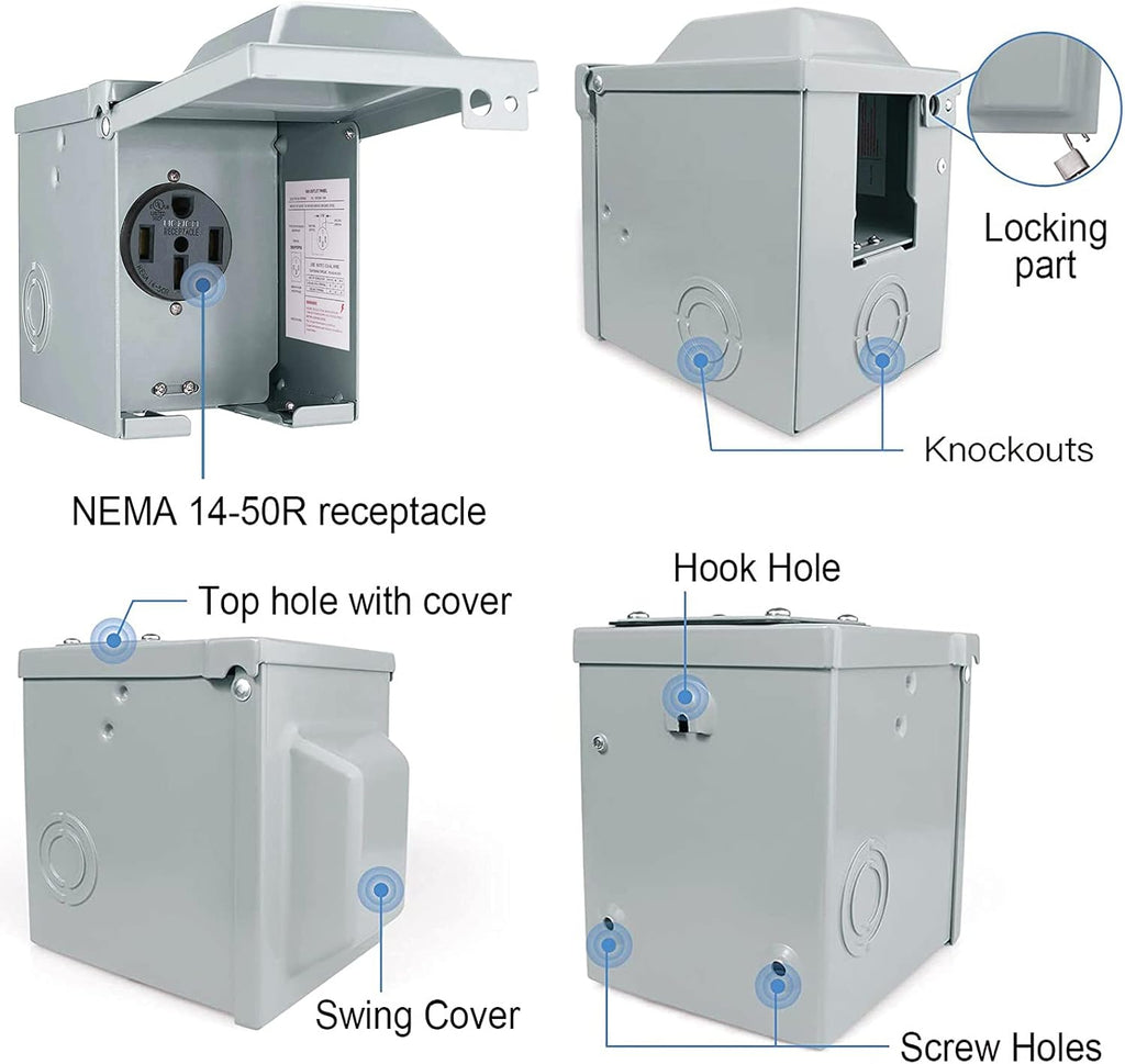 50 Amp 125/250 Volt NEMA 14-50R Weatherproof RV Power Outlet Box I88513