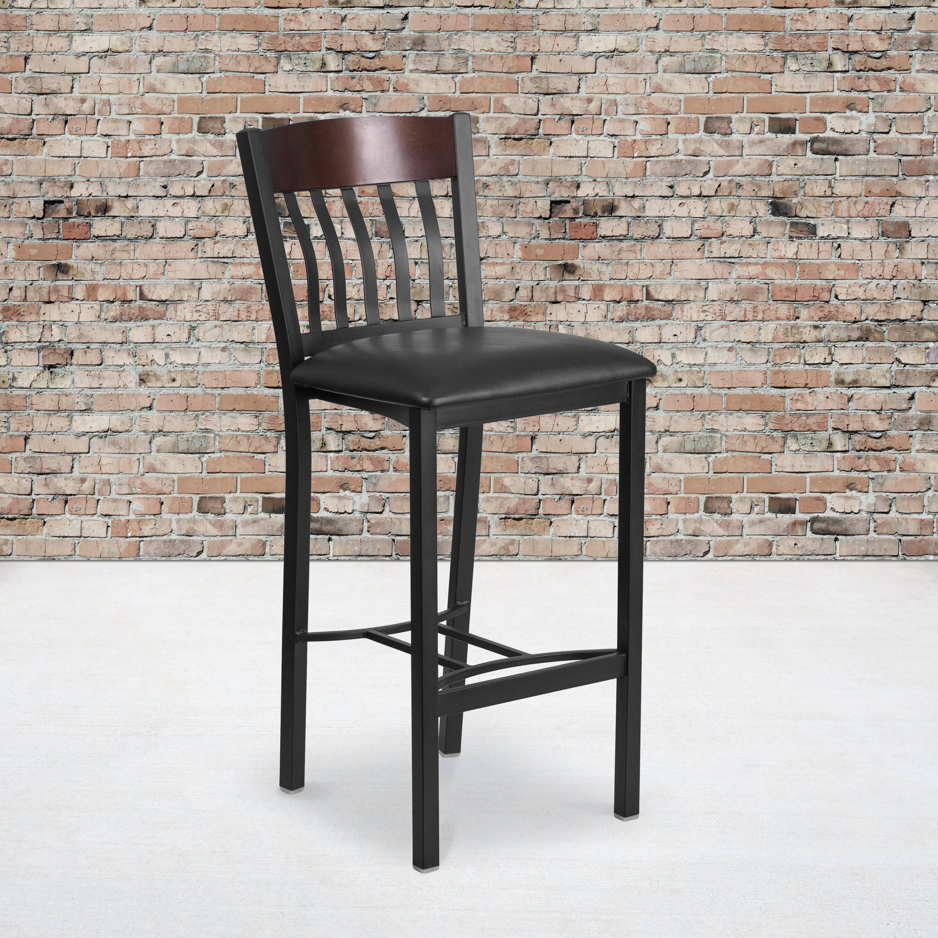 Black Metal and Walnut Wood Restaurant Barstool with Black Vinyl Seat E98995