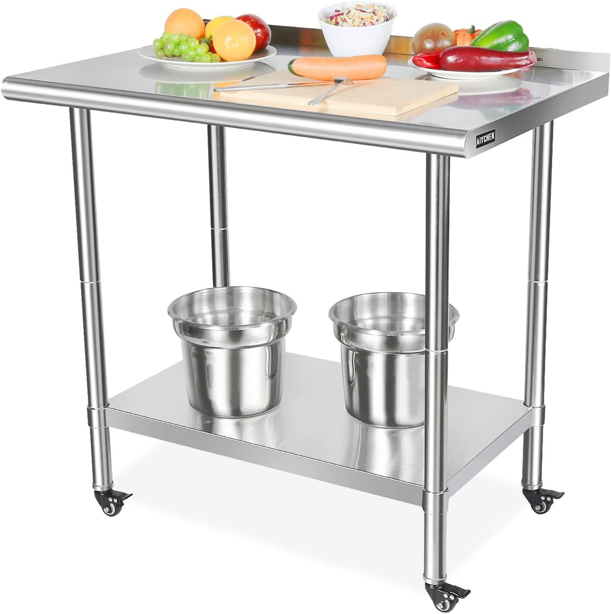 Stainless Steel Work Table with Casters, Backsplash, Adjustable Undershelf F609