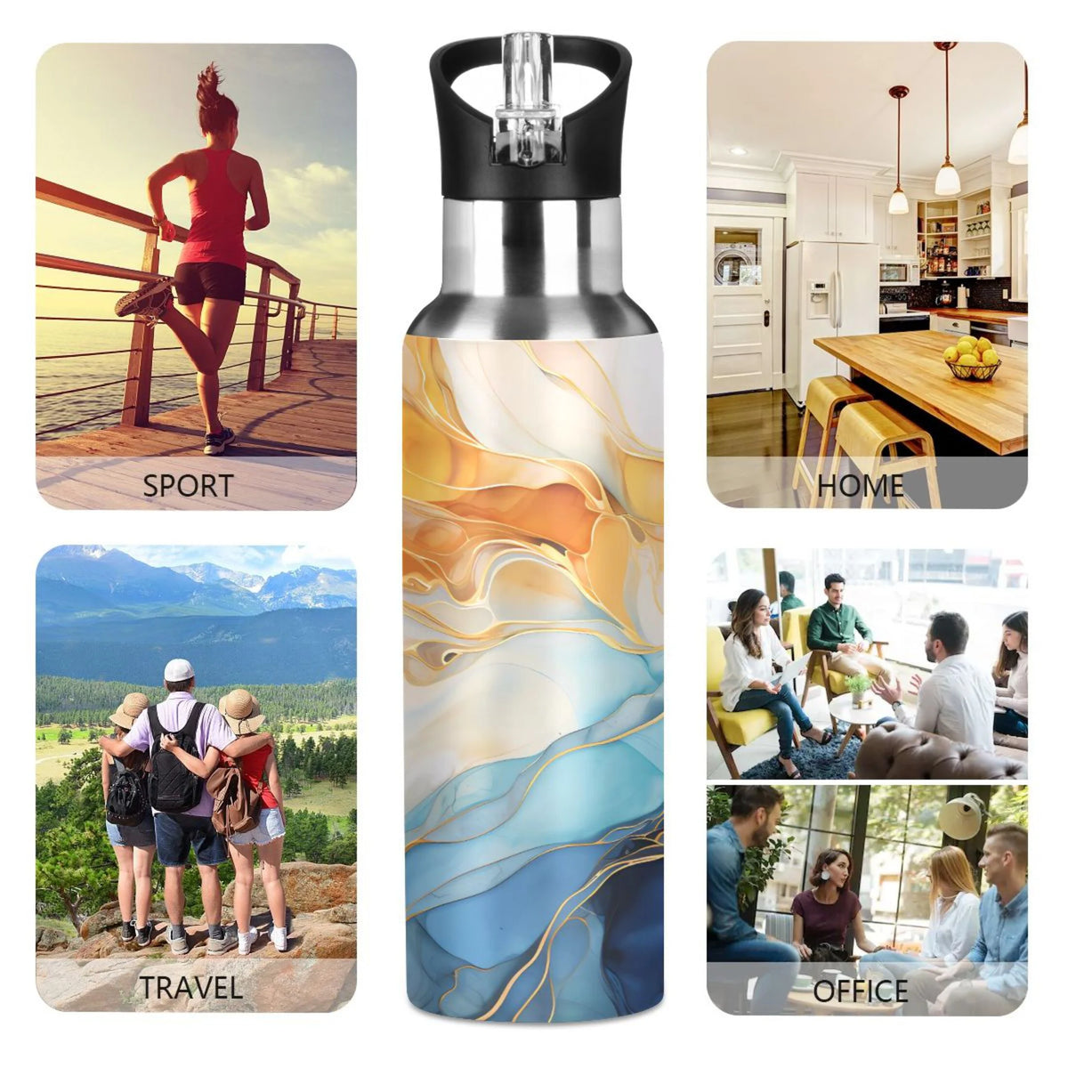 Yellow and Blue Marble Stainless Steel Insulated Water Bottle with Straw Lid X925712