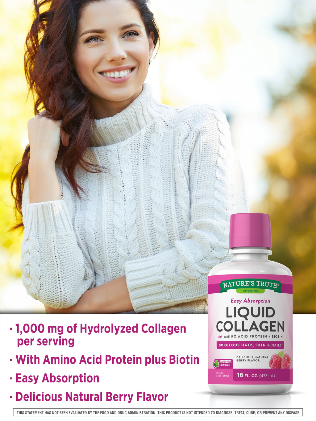 Liquid Collagen Supplement, 16 oz, Natural Berry Flavor W460631