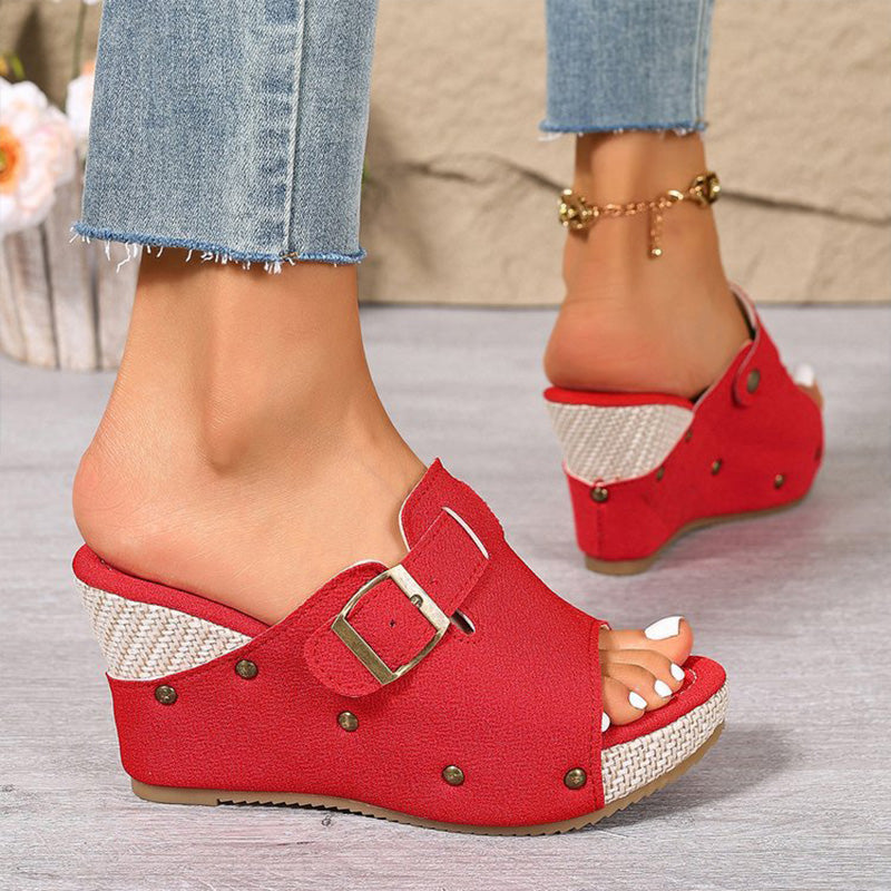 Retro studded wedge peep-toe sandals