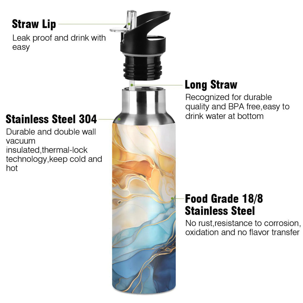 Yellow and Blue Marble Stainless Steel Insulated Water Bottle with Straw Lid X925712