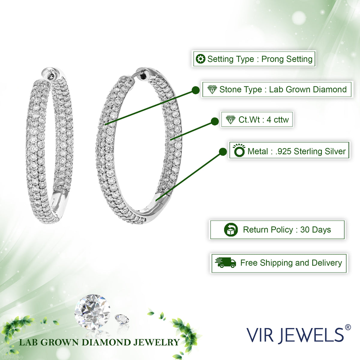4 CTTW Lab Grown Diamond Hoop Earrings 925 Sterling Silver A81125