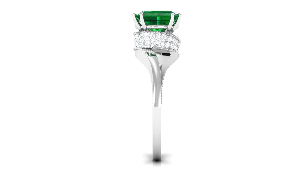 Lab Grown Emerald Solitaire Ring with Diamond, Princess Cut, 8 mm, 925 Sterling Silver, US 10.00 E804585