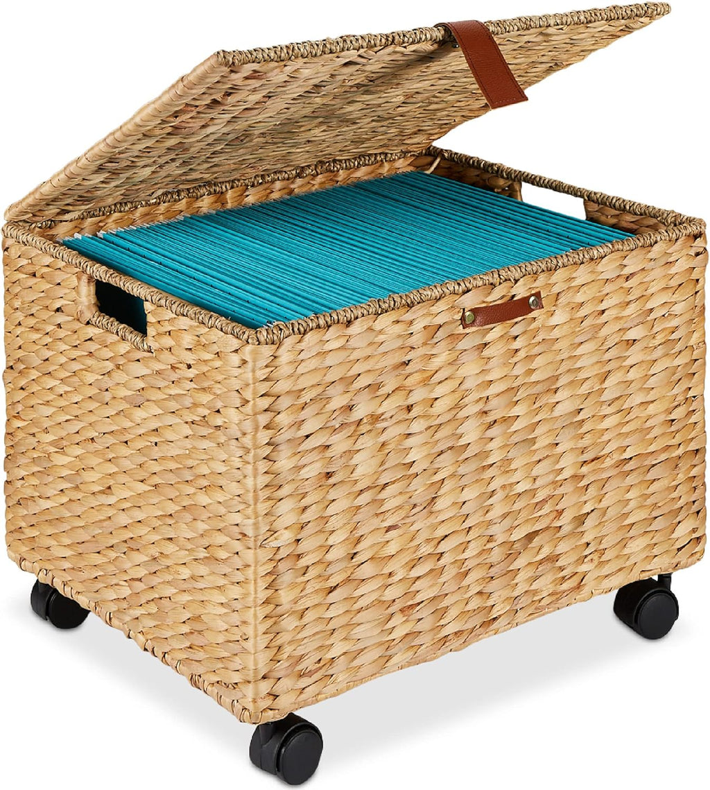 Water Hyacinth Rolling Filing Cabinet with Lid, 4 Locking Wheels Y549