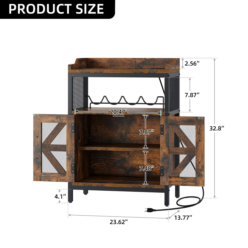 Rustic Brown Wine Bar Cabinet with Power Outlet and LED Lights P450