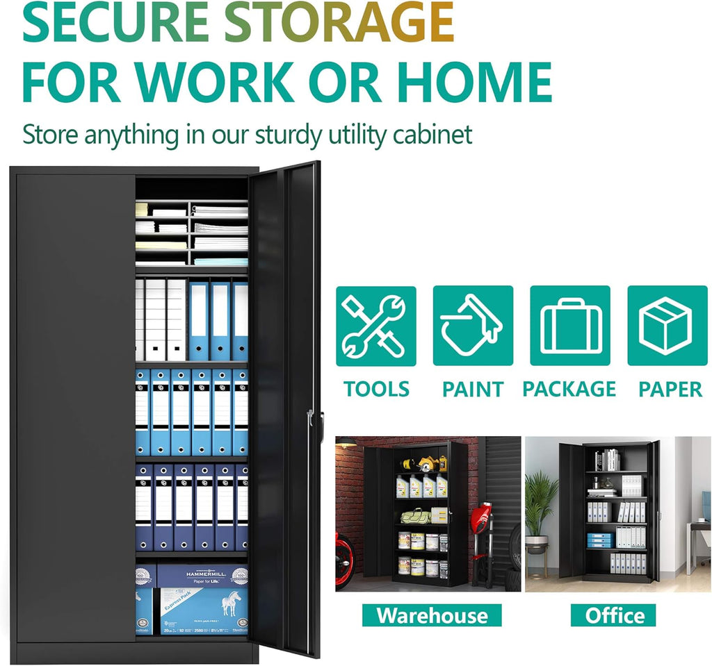 Black Steel Storage Cabinet with 2 Doors and 4 Adjustable Shelves L6153