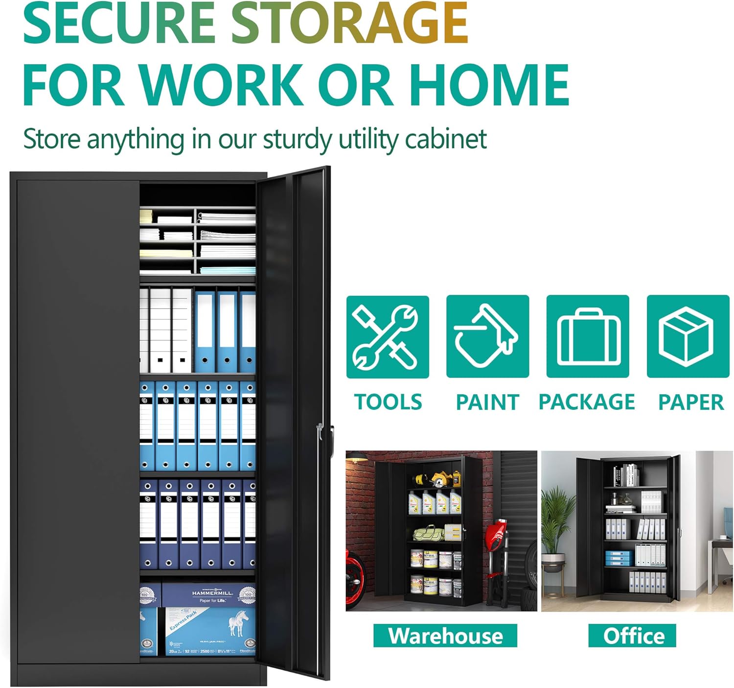 Black Steel Storage Cabinet with 2 Doors and 4 Adjustable Shelves L6153